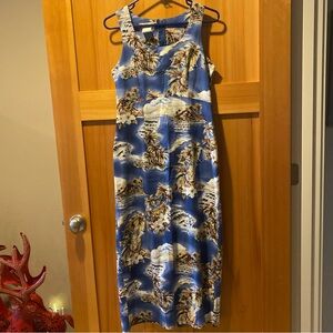 Hilo Hattie Blue Tropical Print Maxi Dress with Cream and Brown Accents
